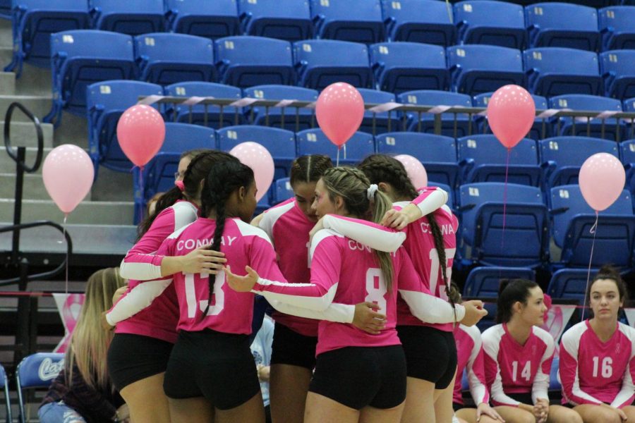 Lady Cats talking strategy before the next set