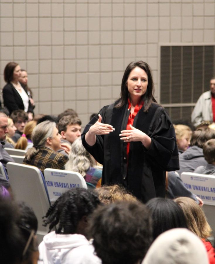 Arkansas Supreme Court Justice Rhonda Wood speaks to a small group of CHS students as part of the Appeals on Wheels event April 6.